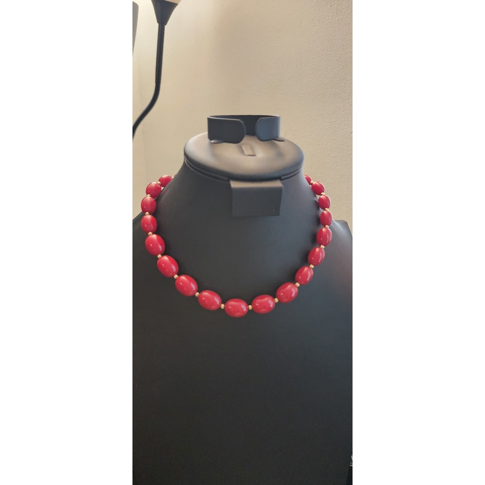 Vintage Monet Red Oval Bead Necklace Gold Tone Spacers Designer Jewelry